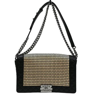 Chanel Reverso Boy Flap Woven Calfskin Black Leather Handbag (Pre-Owned)