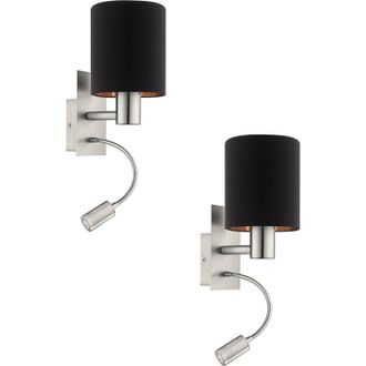 Loops 2 PACK Wall Light Satin Nickel Shade Black Copper Fabric E27 LED 1x40W 1x3.5W