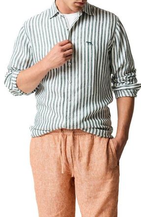Rodd & Gunn Seadown Original Fit Stripe Linen Button-Up Shirt in Forest at Nordstrom, Size Xxx-Large