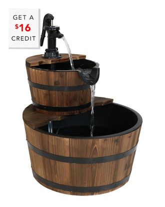 Sunnydaze Wooden Barrel w/ Hand Pump Outdoor Water Fountain Rustic Feature with $16 Credit