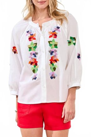 Tribal Three Quarter Sleeve Embroidered Blouse In White