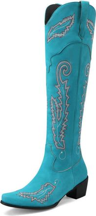 Generic Womens PU Leather Knee High Boots with Side Zipper Square Toe Western Cowboy Boots Chunky Heel Long Boot with Embroidery Stitched,Blue,7.5 UK