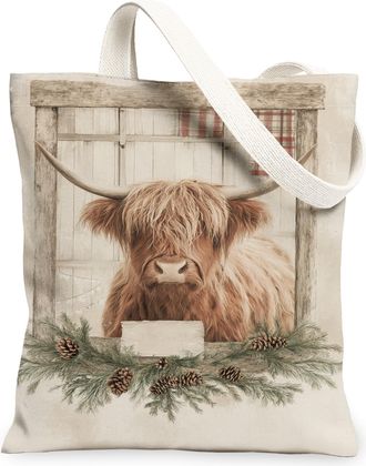 Generic Highland Cow Canvas Tote Bags, Farm Animal Print Reusable Bags, Winter Vintage Lightweight Washable Shoulder Strap Canvas F, Beige, 13x15 Inch
