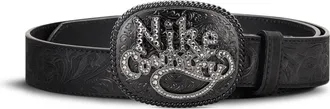 Nike Unisex Country Rhinestone Plaque Buckle Embossed Leather Belt in Black | 18052-001