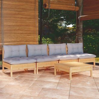 vidaXL Juego De Muebles De Jard&iacute;n 5 Pzas Y Cojines Madera Pino Gris Vidaxl