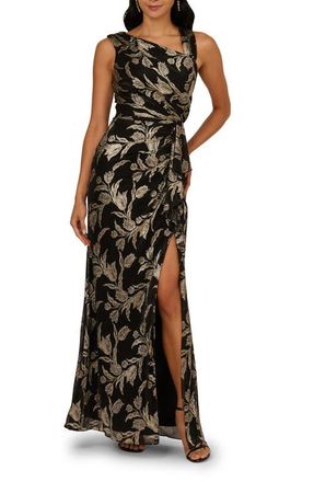 Adrianna Papell Metallic Embroidered Sleeveless Mermaid Gown in Black/Gold at Nordstrom, Size 8