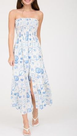 Blu Pepper Tropical Print Strapless Midi Sundress in Light Blue at Nordstrom Rack, Size Medium