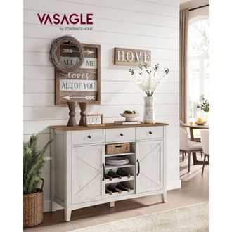 Vasagle Credenza Cucina, Mobiletto con Cassetto, Mobile con Ante e Ripiano Regolabile in Altezza, Stile Farmhouse, per Soggiorno Sala da Pranzo, Bianco