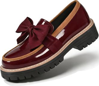Generic Womens Patent Loafers Wide Width, Elegant Bow Loafers for Women Chunky Platform Loafer Casual Comfortable Dress Shoes (Red,6.5)