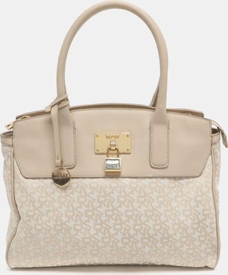 DKNY Dkny Heritage Lock Light Beige Signature Canvas And Leather Tote