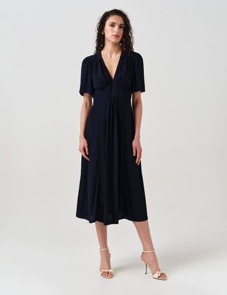 Ghost London Rosalie Angel Sleeve Crepe Midi Dress in Navy at Nordstrom, Size 10