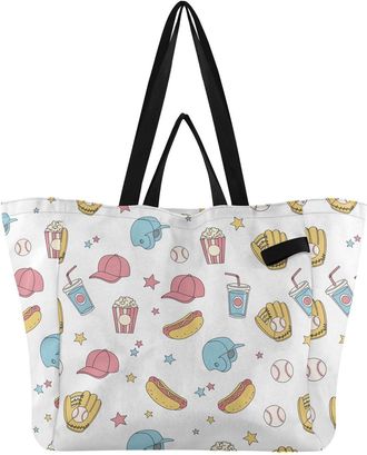 Generic Baseball White Star print Reusable Canvas Tote Bag, Heavy Duty Grocery Shopping Bag with Large Capacity Double Handles Hard Bottom Work Groceries Trav