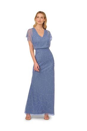 Adrianna Papell Womens Beaded Blouson Long Dress - Blue - Size 10 UK