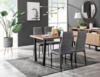 Furniturebox Kylo Brown Wood Effect Dining Table With Black U Legs & 4 Milan Velvet Chairs in Grey