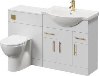 Alexander James Alexander James Cento Gloss White 1350mm 3 Door Vanity Unit Toilet Suite - 1350mm - Brushed Brass 96mm Knurled Bar HandleJames Toilet Pan and Seat