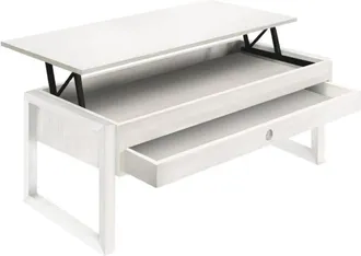 HOGAR 24 Mesa centro elevable cajón deslizante madera maciza color blanco