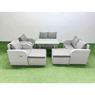 Fimous 8 Seater Rattan Garden Furniture Set Outdoor Love Sofa Set with Rectangular Dining Table 2 Big Footstools Light Grey - Fimous