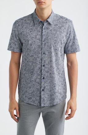 BOSS Roan Slim Fit Short Sleeve Button-Up Shirt in Dark Blue Multi at Nordstrom, Size Xx-Large