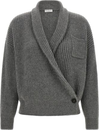 Brunello Cucinelli Grey Knitted Shawl Neck Cardigan