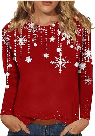 Generic Christmas Shirts for Women 3/4 Length Sleeve Tunic Blouses Xmas Tree Cute Print Tops Crew Neck Graphic Tees
