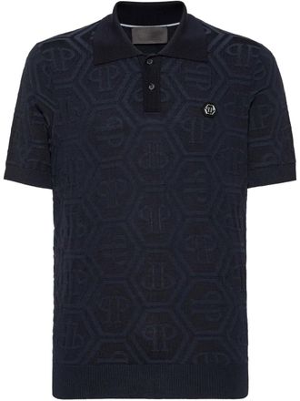 Philipp Plein monogram-jacquard polo shirt - men - Mulberry Silk/Mother of Pearl/Merino - M - Blue
