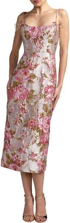 Mac Duggal Petite Floral Brocade Midi Dress with Bow Tie Straps in Pink Multi at Nordstrom, Size 12