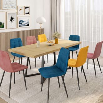 IDMarket Lote De 8 Sillas Mila En Mezcla De Terciopelo Color Azul X3, Rosa X3, Amarillo Ocre X2