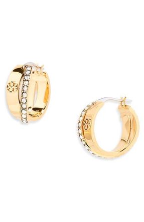 Tory Burch Icon Pav&eacute; Double Hoop Earrings in Tory Gold /Crystal at Nordstrom