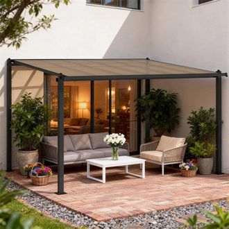 OUTSUNNY 3.6 x 3 m Lean to Garden Pergola with Drainage Gutters, Dark Grey