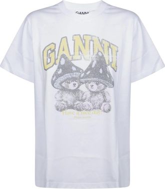 Ganni Basic Katoenen Relaxed T-shirt Teddy Mushrooms - Dames - Tops - Wit - Maat: M Katoen