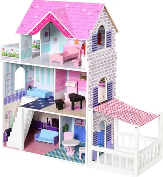 OEM Casa De Mu&ntilde;ecas De Madera De 3 Pisos Con Patio 86x30x87 Cm Muebles Accesorios De 13 Piezas Dise&ntilde;o Lindo Casita Mu&ntilde;ecas De Juguete Madera Rosa