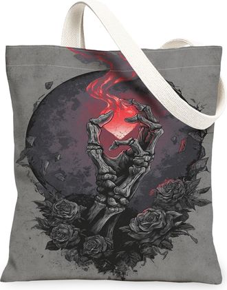 Generic Gothic Skeleton Canvas Tote Bags, Vintage Floral Design Reusable Grocery Bags, Lightweight Washable Shoulder Strap for Trav, Gray, 13x15 Inch