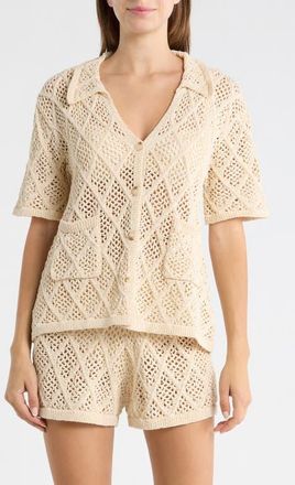 Elan Sheer Open Stitch Cover-Up Button-Up Shirt in Natural at Nordstrom, Size X-Large
