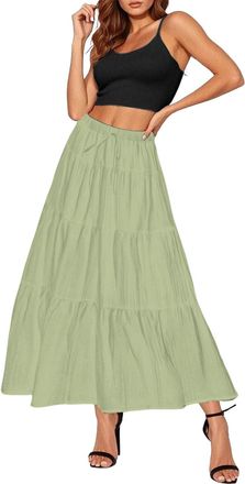 Generic Summer Skirts for Women UK Elasticated Waist Long Maxi Skirts High Waist Plain Loose Casual Beach A Line Ladies Flowy Skirt Green