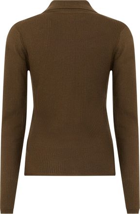 Max Mara Womens Long Sleeve Polo Dark Khaki Silk Tops