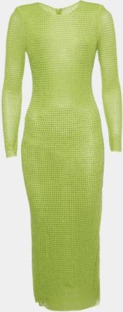 Self Portrait Green Studded Mesh Long Sleeve Midi Dress