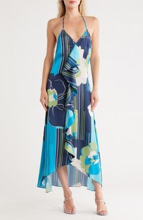 Ramy Brook Jeanette Floral Ruffle Detail Satin Slipdress in Spring Navy Amore at Nordstrom Rack, Size 8