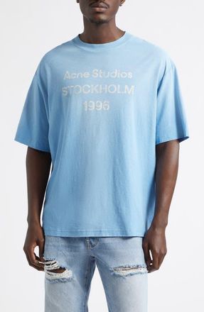 Acne Studios 1996 Logo Distressed Cotton & Hemp Graphic Tee in Cornflower Blue at Nordstrom, Size X-Large