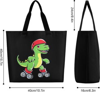 Generic Rollerskating Dinosaur Reusable Shopping Bags Large Capacity Grocery Bag Heavy Duty Tote for Women 40x40x16cm