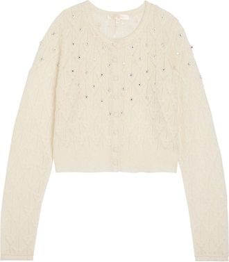 LoveShackFancy Loveshackfancy Calico Embellished Pointelle-knit Cropped Cardigan - Ivory - S (UK8-10 / S)