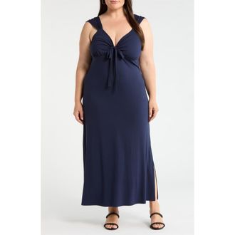 Loveappella Tie Front Jersey Maxi Dress in Navy at Nordstrom, Size 2X