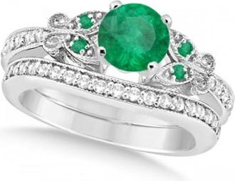 Allurez Butterfly Genuine Emerald & Diamond Bridal Set 14k White Gold 0.93ct
