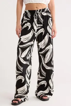 Halogen Print Tie Waist Wide Leg Pants in Vanilla Ice Black Leaf at Nordstrom Rack, Size X-Small