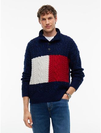 Tommy Hilfiger Mens Flag Logo Cable Knit Mockneck Sweater - Navy Blue - M
