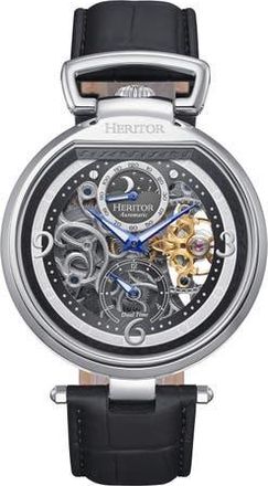 Heritor Lincoln Leather-Band Skeleton Watch with Moon Phase in Black at Nordstrom