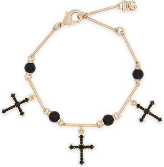Dolce & Gabbana logo-plaque cross-pendant bracelet - women - glass/Plexiglass/Brass - One Size - Gold