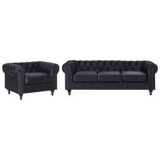 Beliani Conjunto De Sof&aacute;s Chesterfield Tapizado En Terciopelo Negro Patas De Madera Oscura Sof&aacute; 3 Plazas + Sill&oacute;n Estilo Cl&aacute;sico Chesterfield