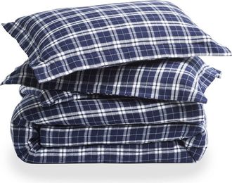 Petite Plume Oxford Tartan Flannel Duvet Cover & Shams Set in Navy at Nordstrom, Size Queen