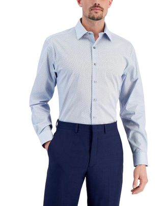 Alfani Dress Shirt Mens Blue White Honeycomb Print Long Sleeve FTS1516
