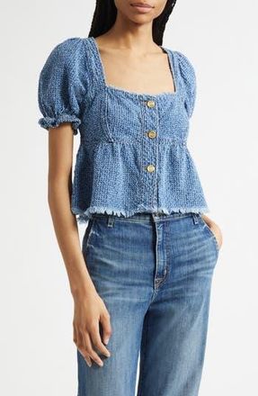 Ganni Fluffy Metallic Denim Top in Mid Blue Stone at Nordstrom Rack, Size 10-12 Us / 42 Eu
